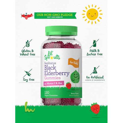 View 5 Elderberry Gummies bottle with icons indicating gluten, wheat, soy, milk, and lactose free, no artificial colors or sweeteners.