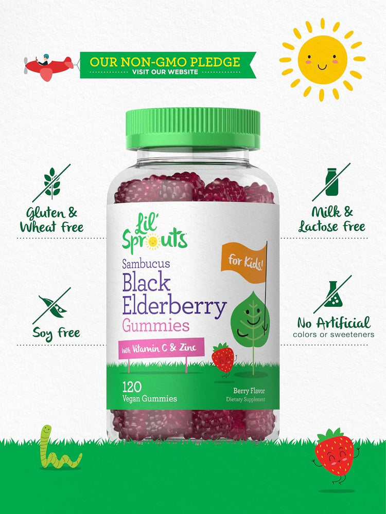 Elderberry Gummies bottle with icons indicating gluten, wheat, soy, milk, and lactose free, no artificial colors or sweeteners.