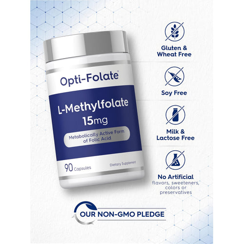 View 5 Opti-Folate L-Methylfolate bottle with icons indicating Gluten & Wheat Free, Soy Free, Milk & Lactose Free, No Artificial Flavors, Non-GMO.