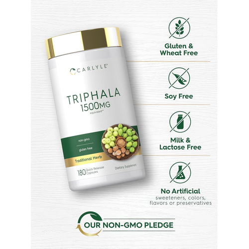 View 5 Triphala bottle with icons indicating gluten, wheat, soy, milk, lactose free; no artificial sweeteners, colors, flavors, preservatives; non-GMO.
