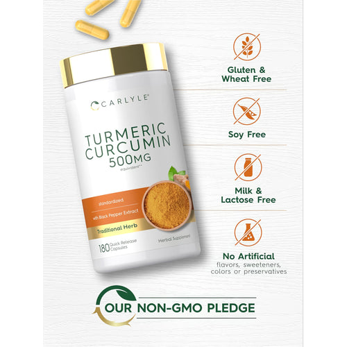 View 5 Carlyle Turmeric Curcumin 500 MG with Black Pepper Extract, 180 Quick Release Capsules, Herbal Supplement.