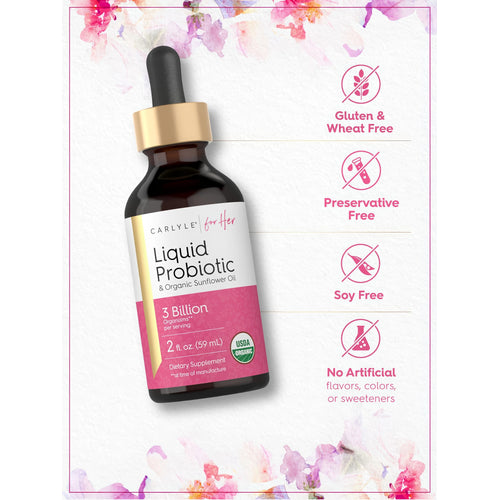 View 5 Carlyle Liquid Probiotic bottle with icons indicating gluten, wheat, preservative, soy free, and no artificial flavors/colors/sweeteners.
