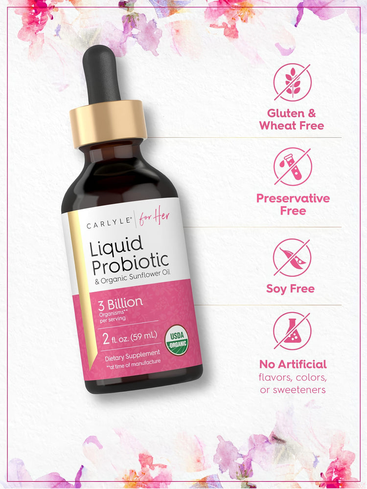 Carlyle Liquid Probiotic bottle with icons indicating gluten, wheat, preservative, soy free, and no artificial flavors/colors/sweeteners.