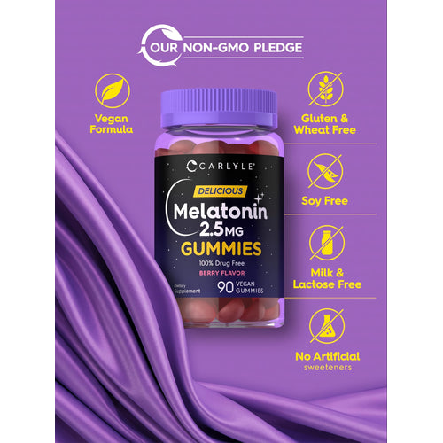 View 5 Carlyle Melatonin 2.5MG Berry Flavor Vegan Gummies. 90 count. Non-GMO, 100% drug-free, dietary supplement.