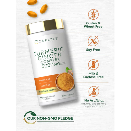 View 5 Turmeric Ginger Complex bottle with icons indicating gluten/wheat free, soy free, milk/lactose free, no artificial ingredients, non-GMO.