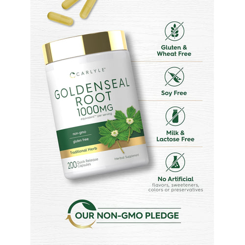 View 5 Goldenseal Root bottle with icons indicating gluten-free, soy-free, milk-free, no artificial additives, and non-GMO.