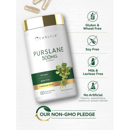 View 5 Purslane bottle with icons indicating Gluten & Wheat Free, Soy Free, Milk & Lactose Free, No Artificial Flavors/Sweeteners, Non-GMO.