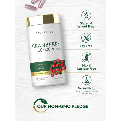 View 5 Cranberry bottle with icons indicating Gluten & Wheat Free, Soy Free, Milk & Lactose Free, No Artificial Flavors, Non-GMO.