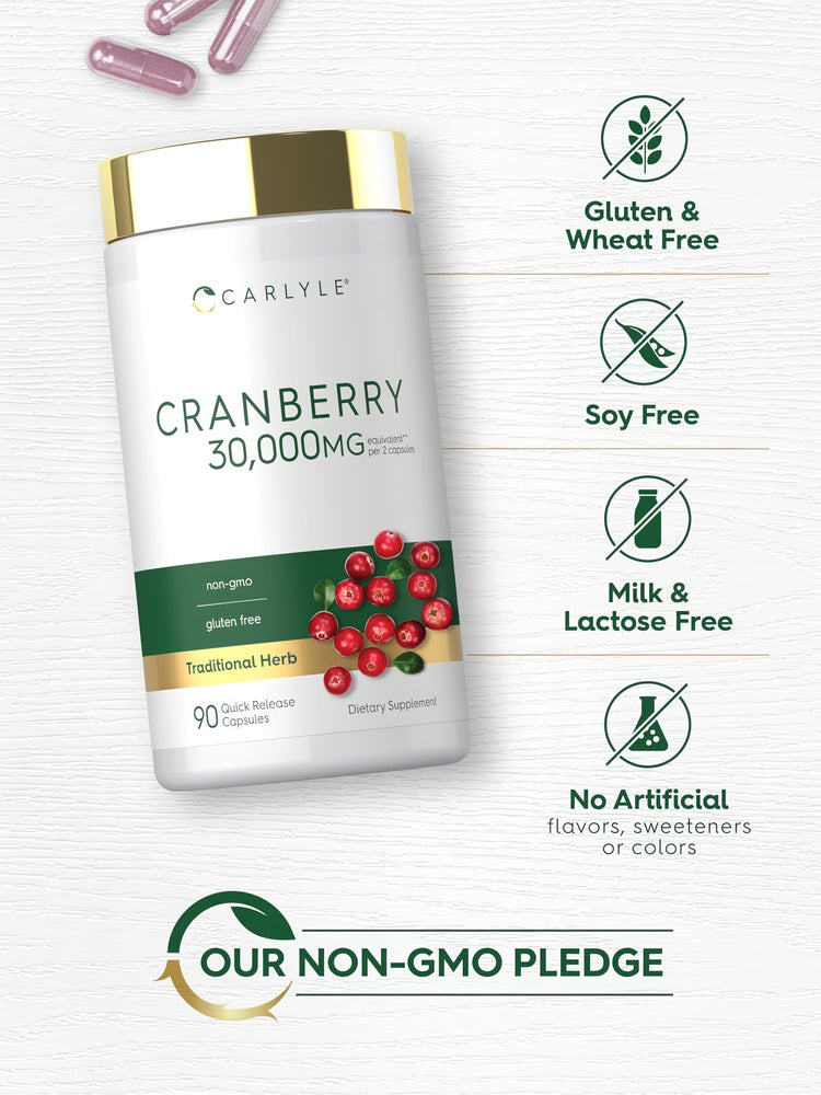 Cranberry bottle with icons indicating Gluten & Wheat Free, Soy Free, Milk & Lactose Free, No Artificial Flavors, Non-GMO.