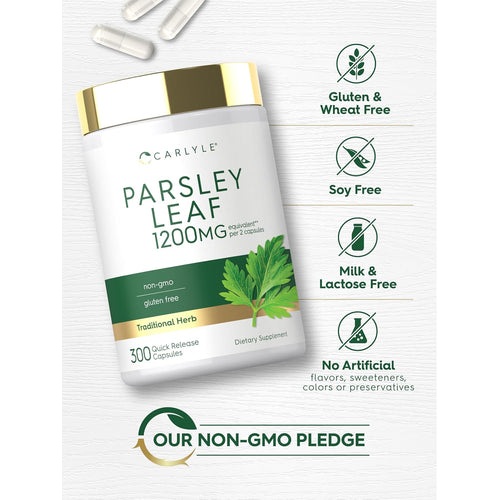 View 3 Parsley Leaf bottle with icons indicating gluten, wheat, soy, milk, lactose free, no artificial additives, and non-GMO.