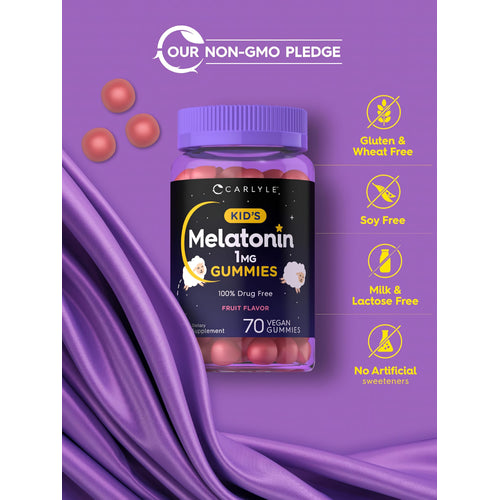 View 5 Kids Melatonin Gummies bottle with icons indicating Non-GMO, Gluten-Free, Soy-Free, Milk-Free, No Artificial Sweeteners.