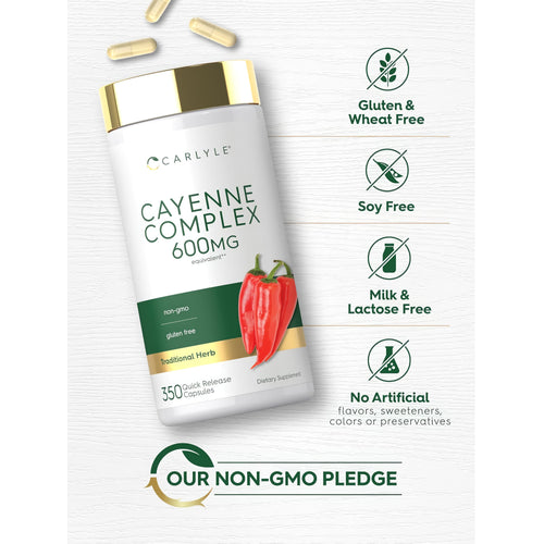 View 5 Cayenne bottle with icons indicating Gluten & Wheat Free, Soy Free, Milk & Lactose Free, Non-GMO, No Artificial Additives.