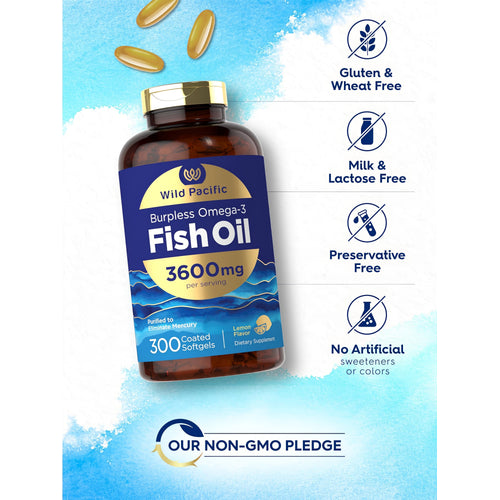 View 5 Omega-3 Fish Oil bottle with icons indicating gluten, wheat, milk, lactose, preservative free, no artificial sweeteners, non-GMO.