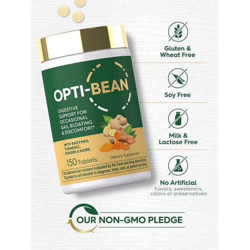 View 5 Opti-Bean bottle with icons indicating Gluten & Wheat Free, Soy Free, Milk & Lactose Free, No Artificial Additives, Non-GMO.