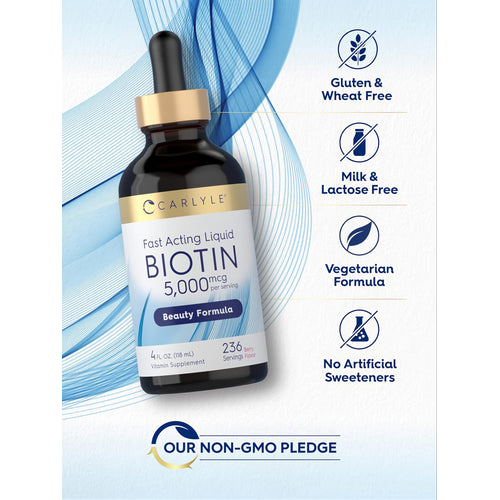 View 5 Carlyle Fast Acting Liquid Biotin 5,000 mcg per serving, Beauty Formula, 4 fl oz (118 mL) Vitamin Supplement, Berry Flavor.