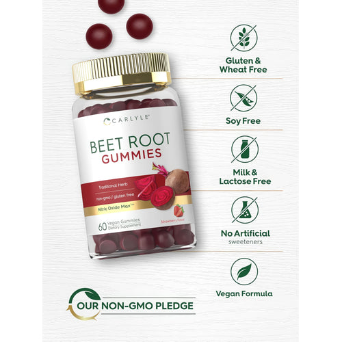 View 5 Beet Root Gummies bottle with icons indicating Gluten & Wheat Free, Soy Free, Milk & Lactose Free, Vegan, Non-GMO, No Artificial Sweeteners.
