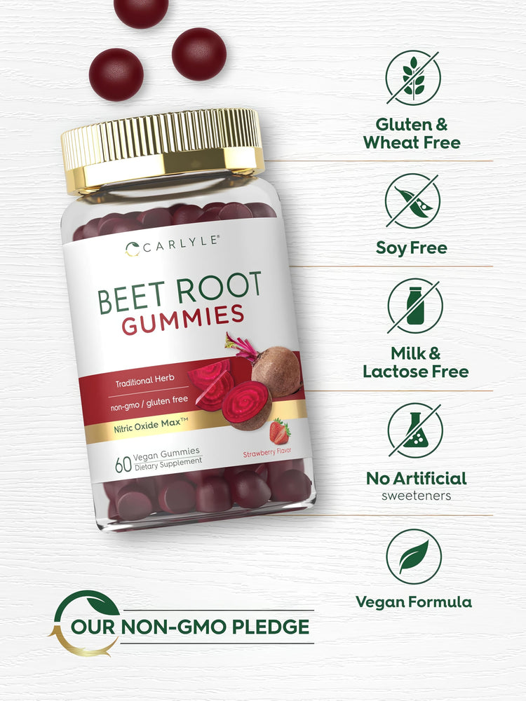 Beet Root Gummies bottle with icons indicating Gluten & Wheat Free, Soy Free, Milk & Lactose Free, Vegan, Non-GMO, No Artificial Sweeteners.