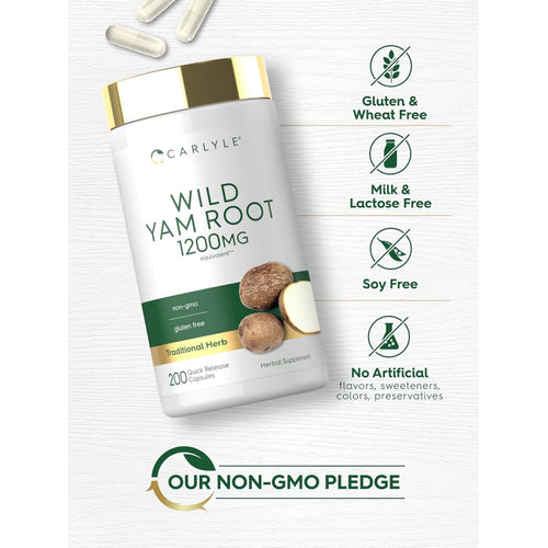 View 5 Wild Yam Root bottle with icons indicating Gluten & Wheat Free, Milk & Lactose Free, Soy Free, No Artificial elements, Non-GMO.