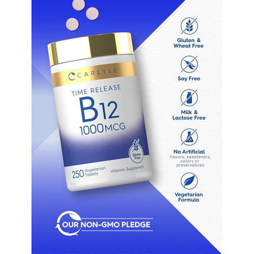 View 5 B-12 bottle with icons indicating gluten, soy, and lactose free, no artificial additives, vegetarian, and non-GMO pledge.