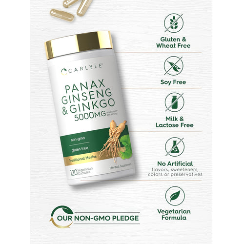 View 5 Ginseng Ginkgo bottle: Gluten & Wheat Free, Soy Free, Milk & Lactose Free, No Artificial Flavors/Sweeteners/Colors/Preservatives, Vegetarian Formula, Non-GMO