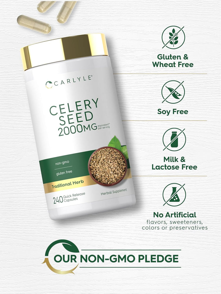 Celery Seed bottle with icons indicating Gluten & Wheat Free, Soy Free, Milk & Lactose Free, No Artificial Additives, Non-GMO.