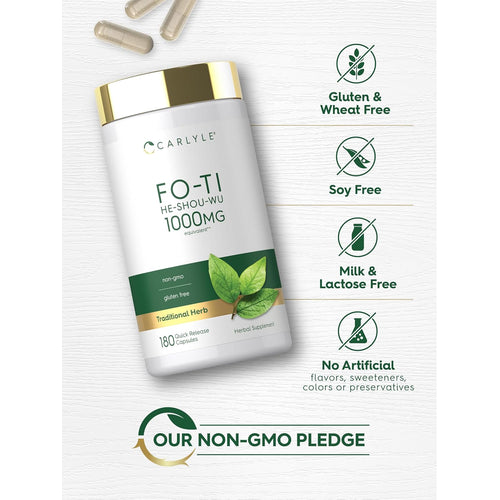 View 5 Fo-Ti Root bottle with icons indicating gluten, wheat, soy, milk, lactose free, no artificial flavors, non-GMO, preservative-free.