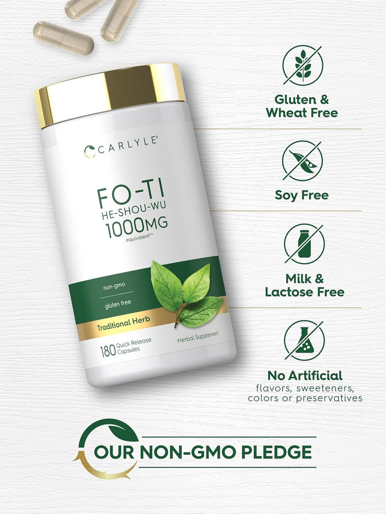 Fo-Ti Root bottle with icons indicating gluten, wheat, soy, milk, lactose free, no artificial flavors, non-GMO, preservative-free.