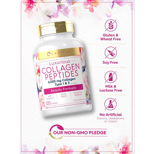 View 5 Carlyle Luxurious Collagen Peptides 6,000 mg with Type 1 & 3 Collagen, plus Vitamin C, 120 Caplets.