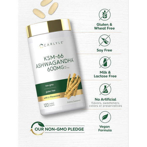 View 5 Carlyle KSM-66 Ashwagandha 600MG per serving, with L-Theanine. Contains 120 coated caplets, dietary supplement.