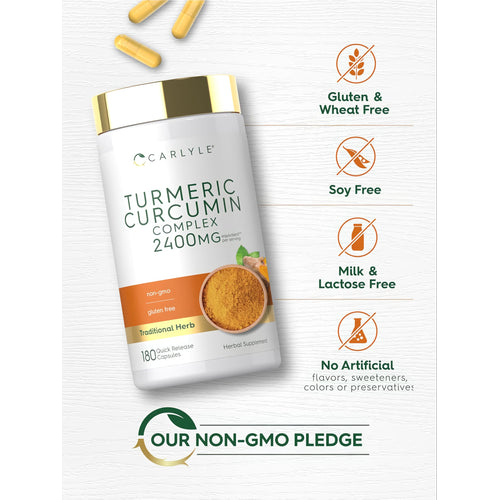 View 5 Turmeric bottle: Gluten & Wheat Free, Soy Free, Milk & Lactose Free, No Artificial Flavors/Sweeteners/Colors/Preservatives, Non-GMO