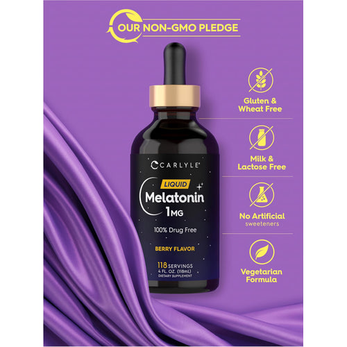 View 5 Melatonin Liquid bottle with icons indicating Non-GMO, Gluten Free, Wheat Free, Lactose Free, No Artificial Sweeteners, Vegetarian.