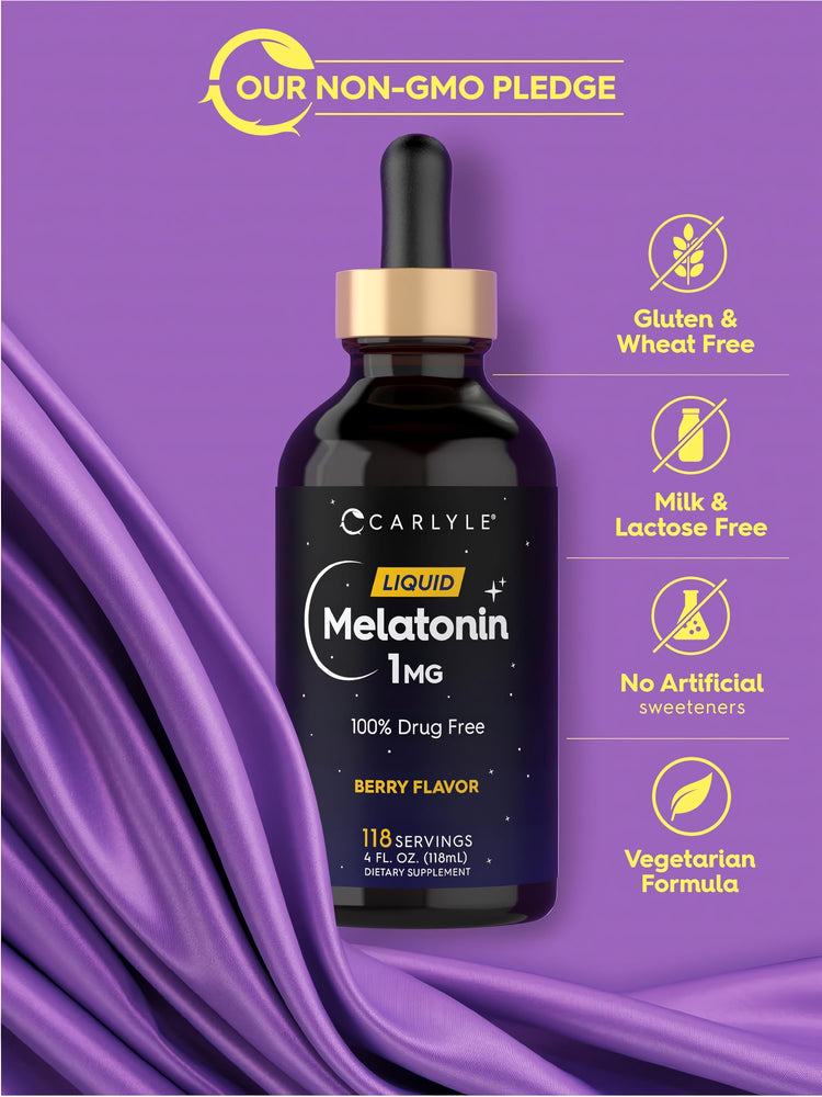 Melatonin Liquid bottle with icons indicating Non-GMO, Gluten Free, Wheat Free, Lactose Free, No Artificial Sweeteners, Vegetarian.