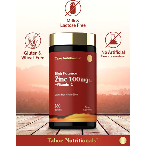 View 5 Vitamin C + Zinc bottle with icons indicating gluten & wheat free, milk & lactose free, no artificial flavors or sweeteners.