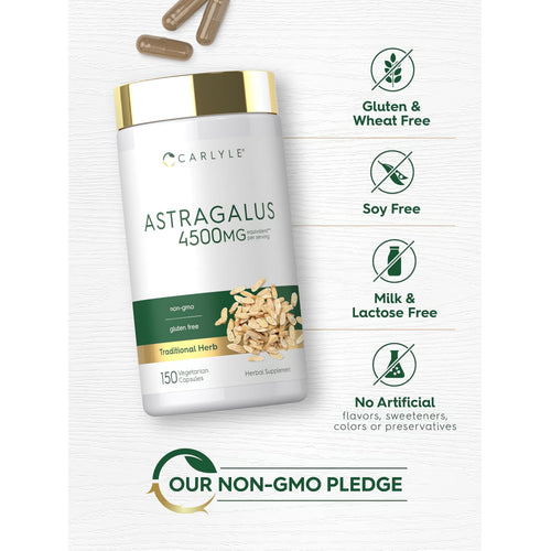 View 5 Carlyle Astragalus bottle with icons indicating Gluten & Wheat Free, Soy Free, Milk & Lactose Free, No Artificial Flavors, Non-GMO.