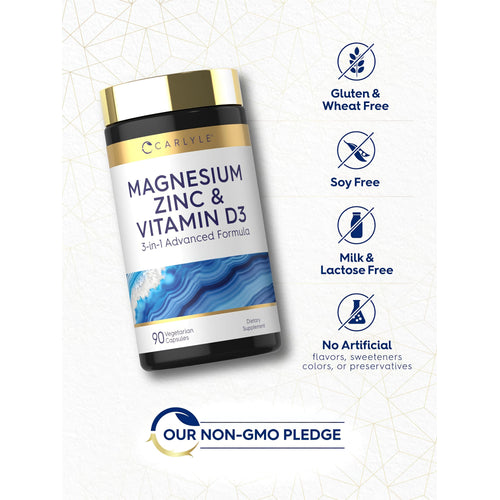 View 5 Magnesium Zinc Vitamin D bottle with icons indicating gluten/wheat free, soy free, no artificial additives, non-GMO.