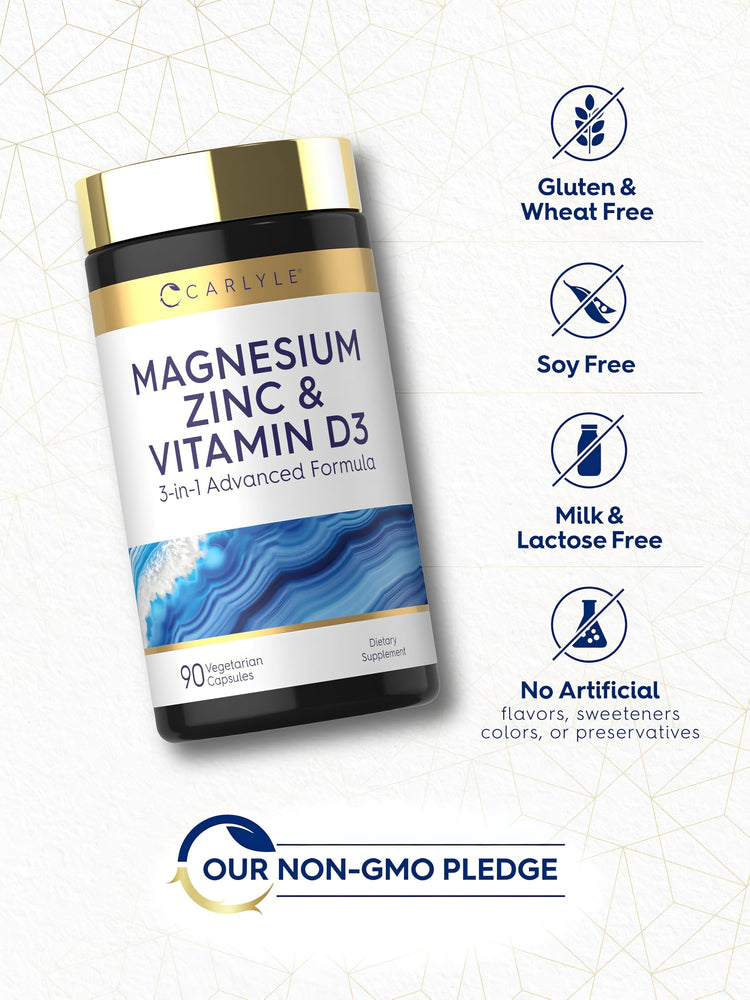 Magnesium Zinc Vitamin D bottle with icons indicating gluten/wheat free, soy free, no artificial additives, non-GMO.