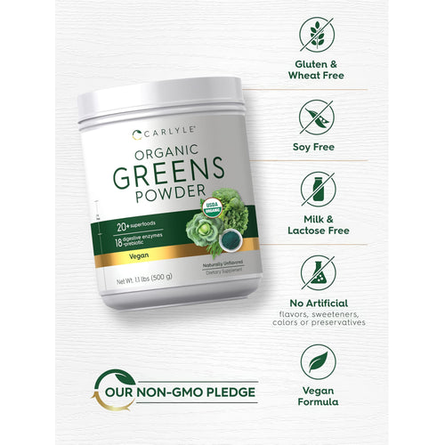 View 5 Organic Greens Powder bottle with icons indicating gluten, wheat, soy, milk, lactose free, vegan, no artificial flavors or preservatives.