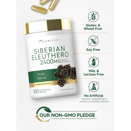 View 5 Siberian Eleuthero bottle with icons indicating Gluten & Wheat Free, Soy Free, Milk & Lactose Free, Non-GMO, No Artificial Additives.