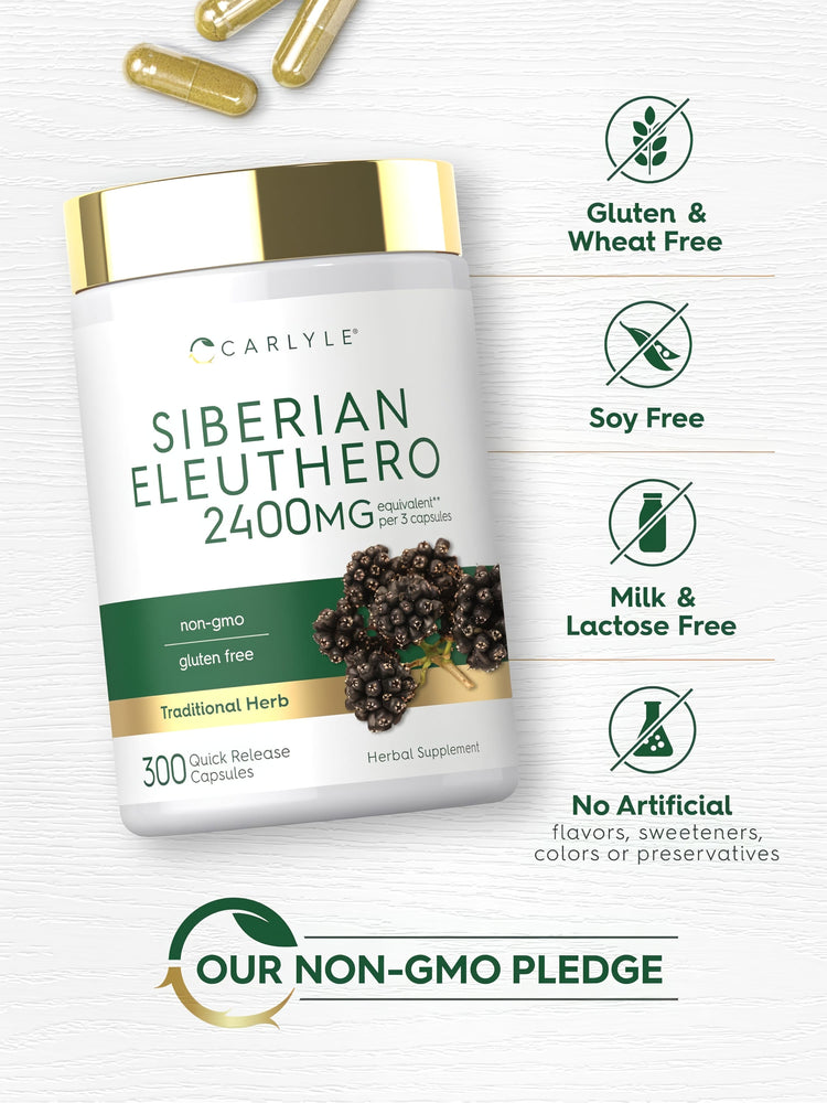 Siberian Eleuthero bottle with icons indicating Gluten & Wheat Free, Soy Free, Milk & Lactose Free, Non-GMO, No Artificial Additives.