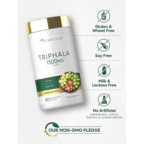 View 4 Carlyle Triphala bottle with icons indicating Gluten & Wheat Free, Soy Free, Milk & Lactose Free, No Artificial Additives, Non-GMO.