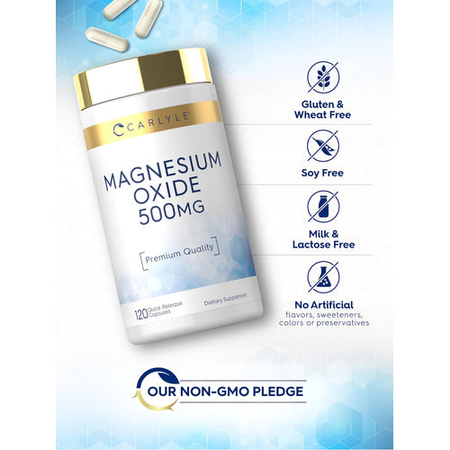 View 5 Magnesium Oxide bottle with icons indicating Gluten, Wheat, Soy, Milk, and Lactose Free, No Artificial Additions, and Non-GMO.