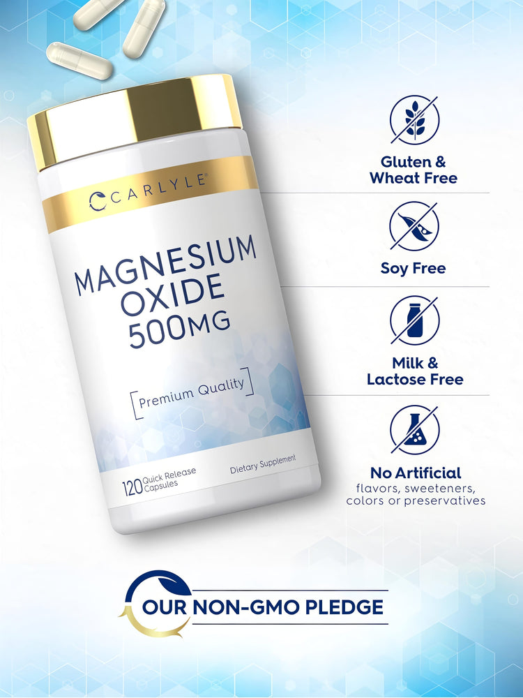 Magnesium Oxide bottle with icons indicating Gluten, Wheat, Soy, Milk, and Lactose Free, No Artificial Additions, and Non-GMO.
