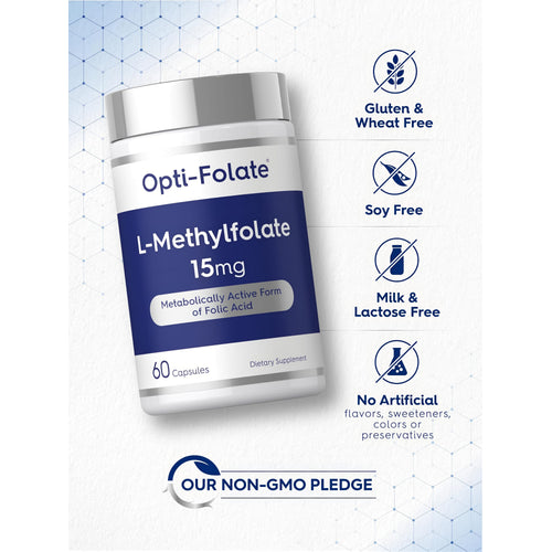 View 5 L-Methylfolate bottle with icons indicating gluten, wheat, soy, milk, and lactose free; no artificial flavors, sweeteners, colors; non-GMO.