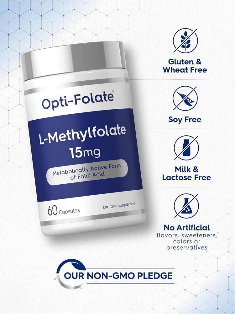 L-Methylfolate bottle with icons indicating gluten, wheat, soy, milk, and lactose free; no artificial flavors, sweeteners, colors; non-GMO.