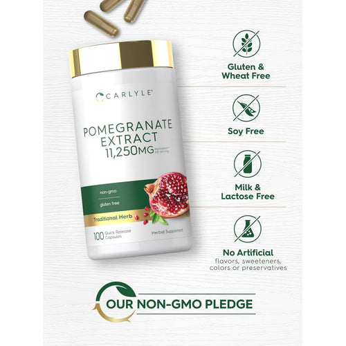 View 5 Pomegranate Extract bottle with icons indicating Gluten & Wheat Free, Soy Free, Milk & Lactose Free, No Artificial Flavors, Non-GMO.