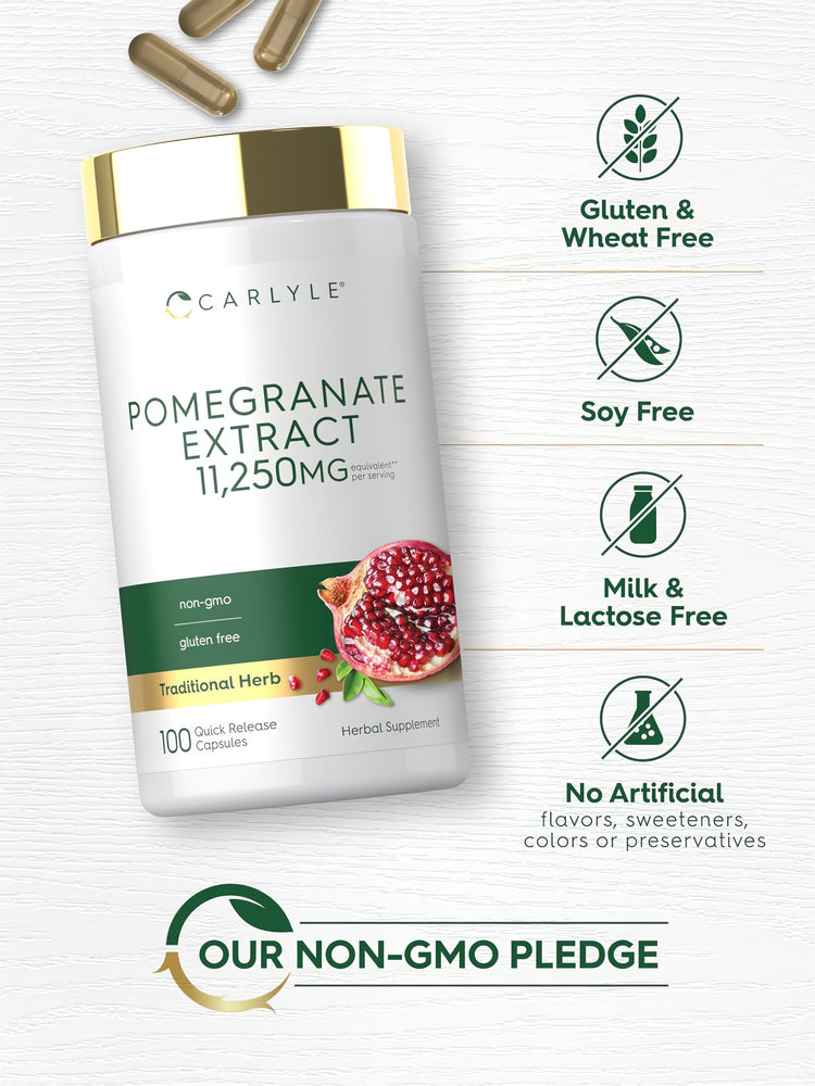 Pomegranate Extract bottle with icons indicating Gluten & Wheat Free, Soy Free, Milk & Lactose Free, No Artificial Flavors, Non-GMO.