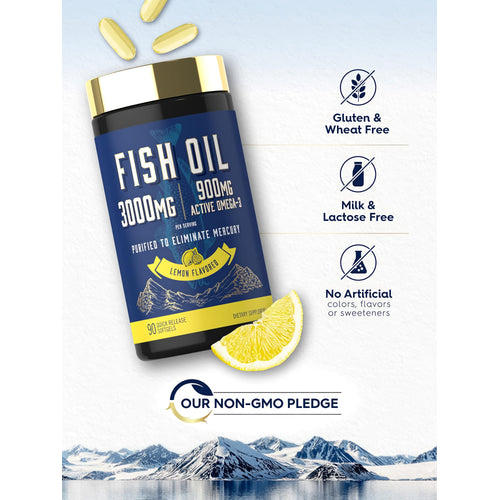 View 5 Fish Oil bottle with icons indicating gluten, wheat, milk, lactose free, no artificial colors, flavors, sweeteners, non-GMO.