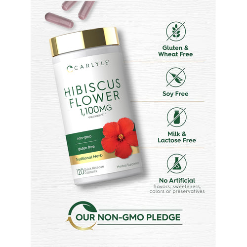 View 5 Hibiscus Flower bottle with icons indicating Gluten & Wheat Free, Soy Free, Milk & Lactose Free, Non-GMO, No Artificial Additives.