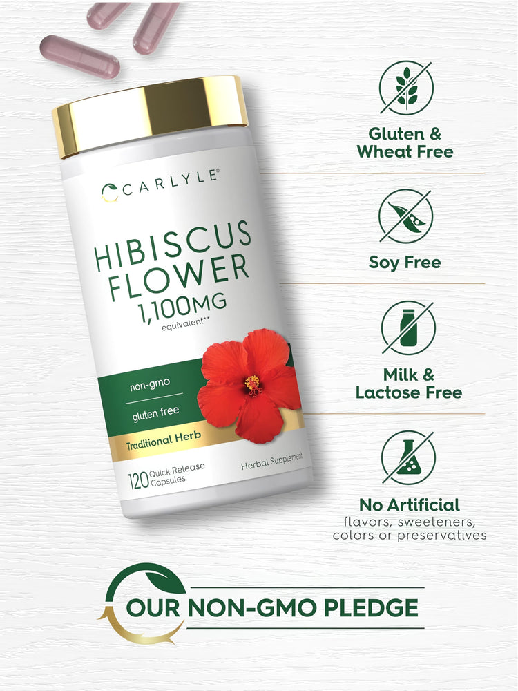 Hibiscus Flower bottle with icons indicating Gluten & Wheat Free, Soy Free, Milk & Lactose Free, Non-GMO, No Artificial Additives.