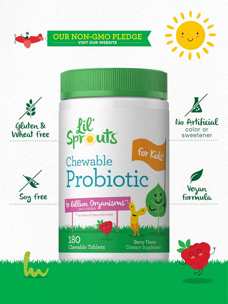 Child Probiotic bottle with icons indicating Gluten & Wheat Free, Soy Free, No Artificial colors, Vegan formula, Non-GMO.